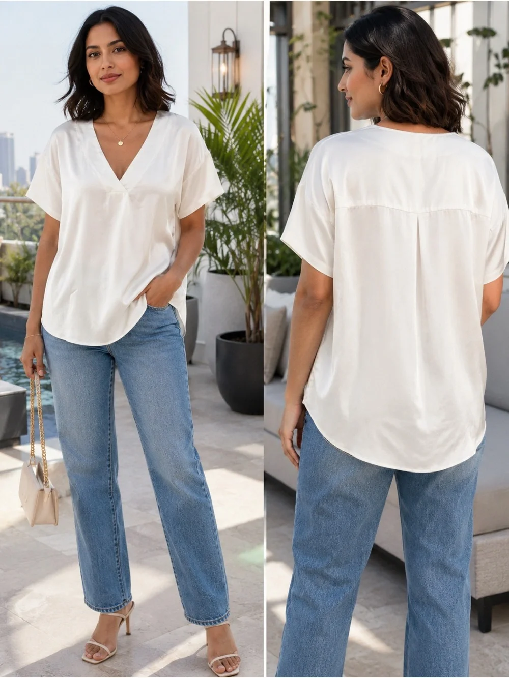 Rails Nala Ivory Satin V-Neck Blouse Size M